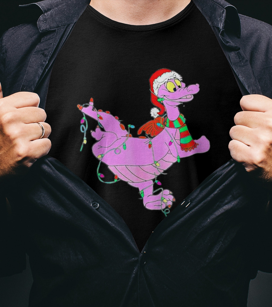 Dragon Figment In Santa Hat Wrapped In Christmas Lights T-Shirt