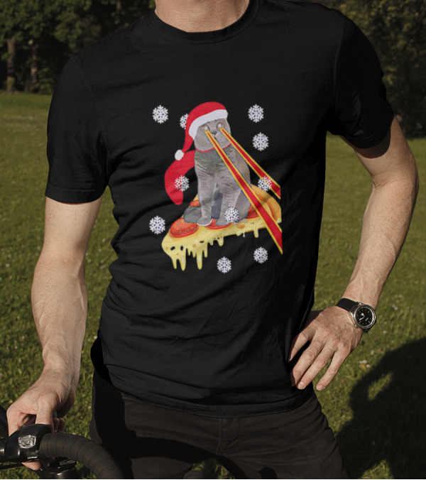 Santa Cat With Laser Eyes On Cheesy Pizza Snowflakes T-Shirt