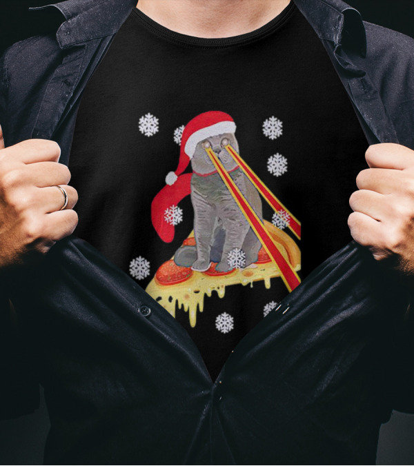 Santa Cat With Laser Eyes On Cheesy Pizza Snowflakes T-Shirt