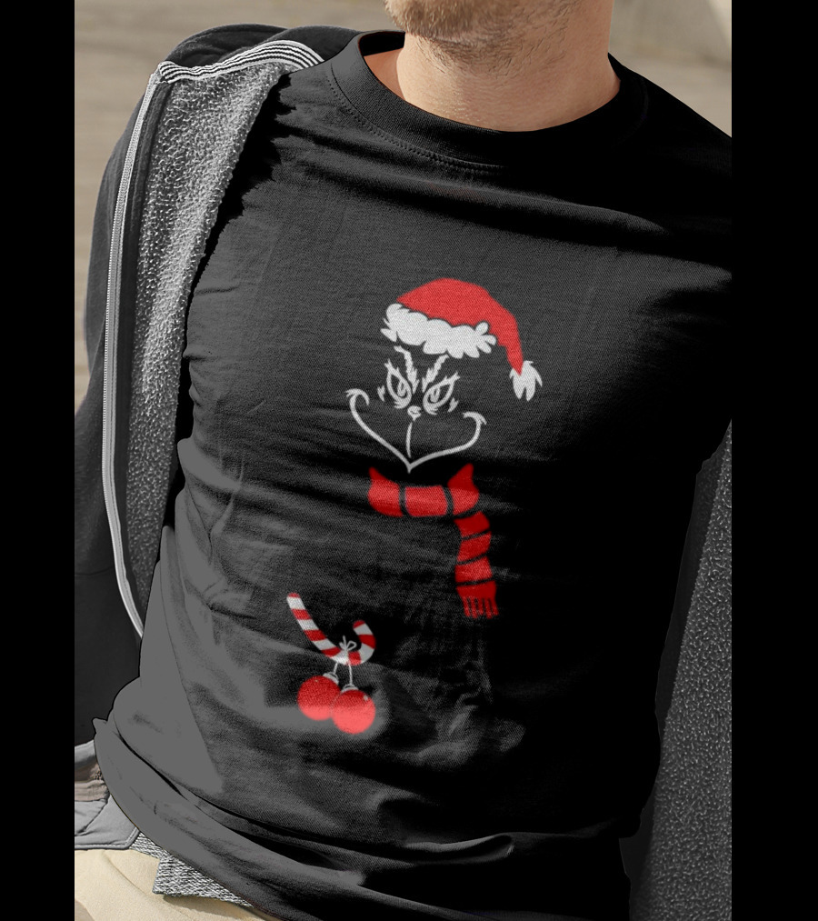 Grinch Santa Hat Scarf Candy Cane Christmas Balls T-Shirt