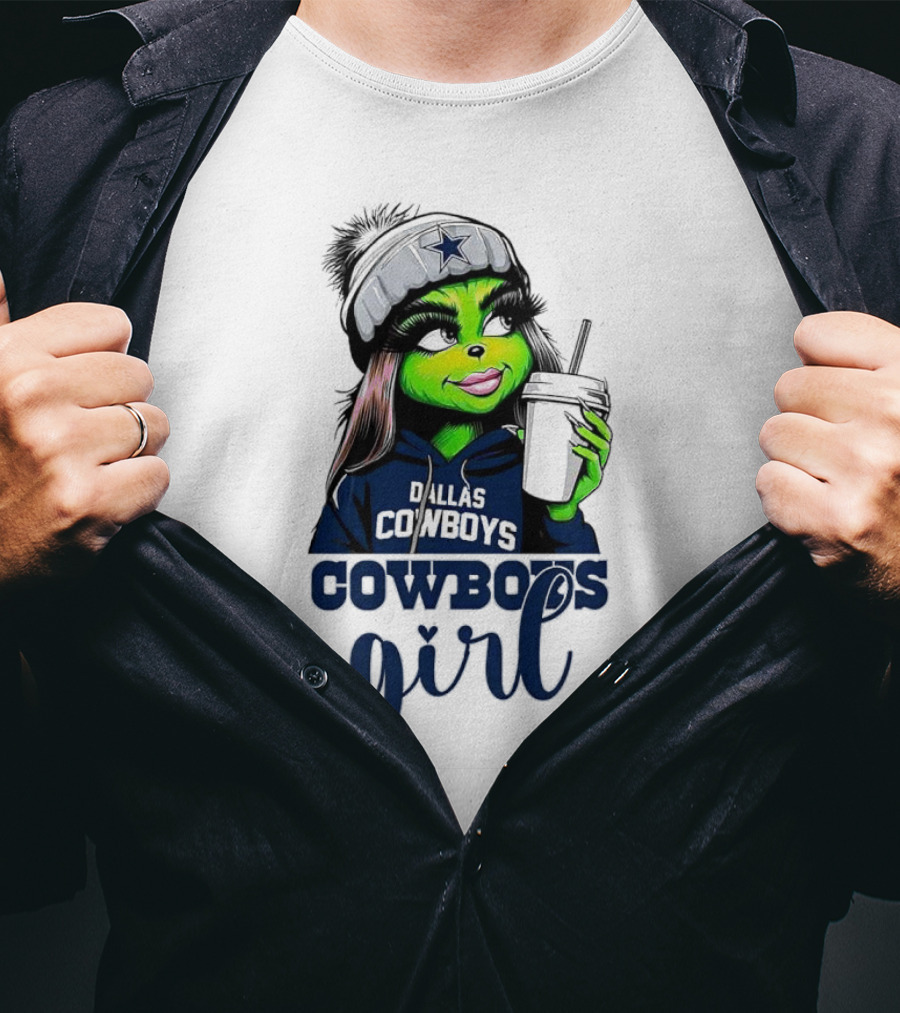 Grinch Dallas Cowboys Girl Drinking Coffee T-Shirt