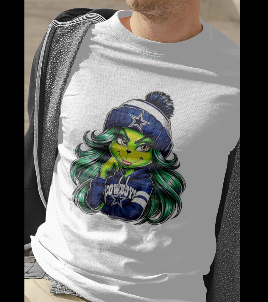 Grinch Girl In Dallas Cowboys Hat And Hoodie With Star T-Shirt