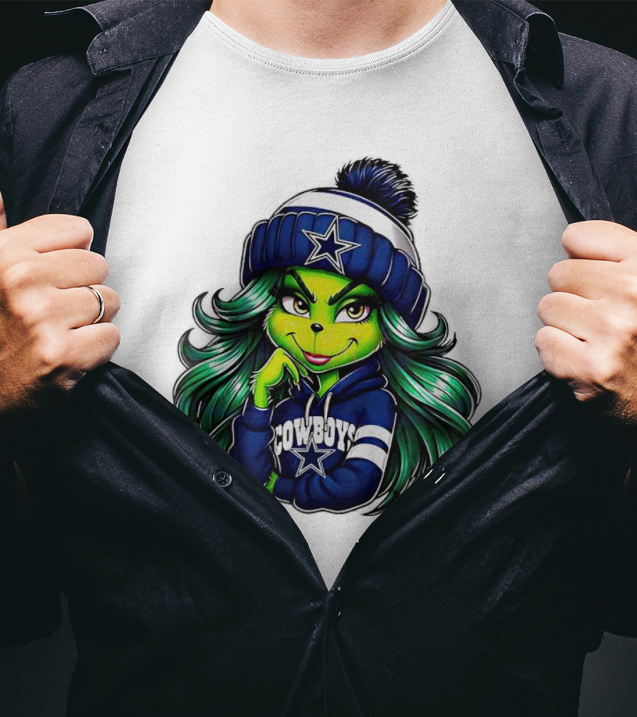 Grinch Girl In Dallas Cowboys Hat And Hoodie With Star T-Shirt