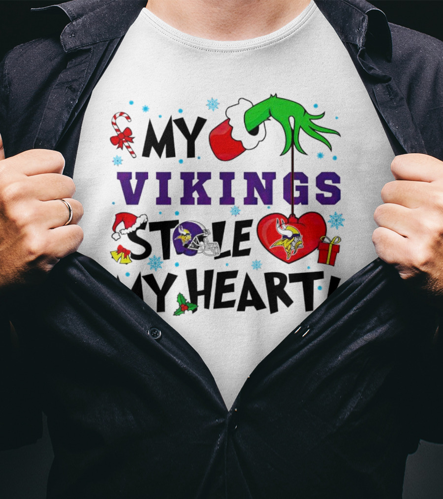 Grinch Hand Holding Heart My Vikings Stole My Heart Christmas T-Shirt