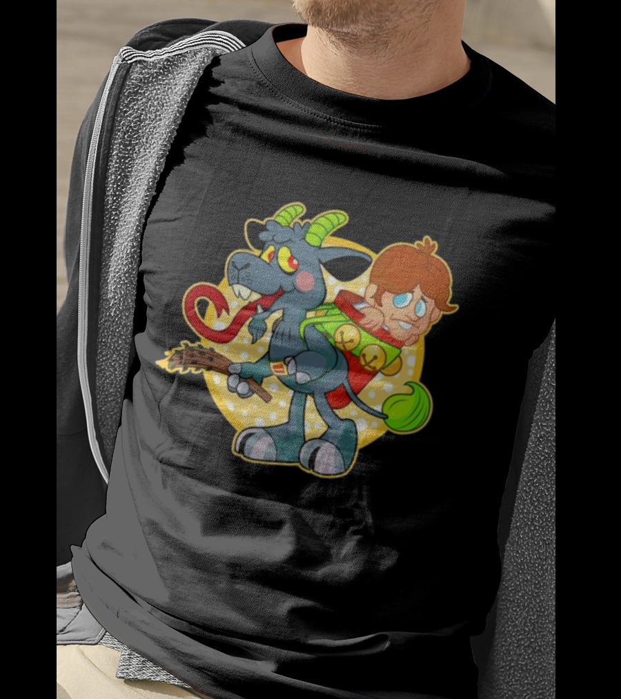 Krampus Rankin-Kramp Cartoon Goat With Red Backpack And Child T-Shirt