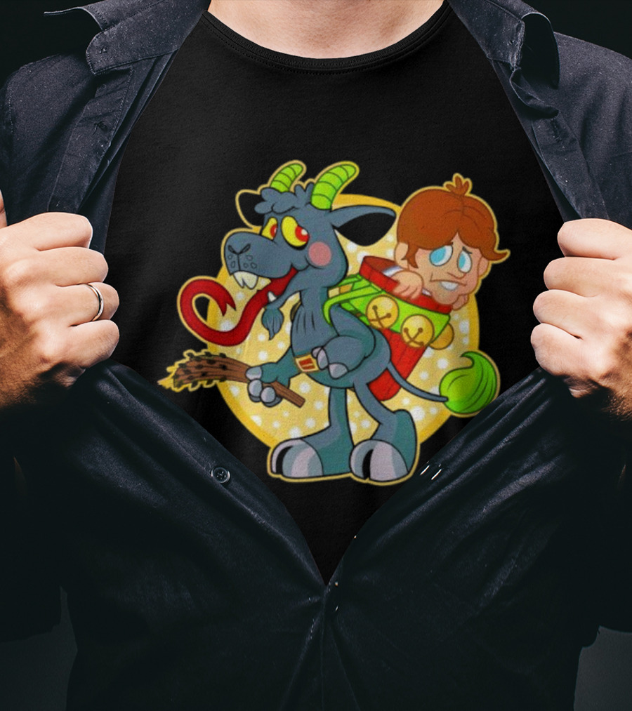 Krampus Rankin-Kramp Cartoon Goat With Red Backpack And Child T-Shirt