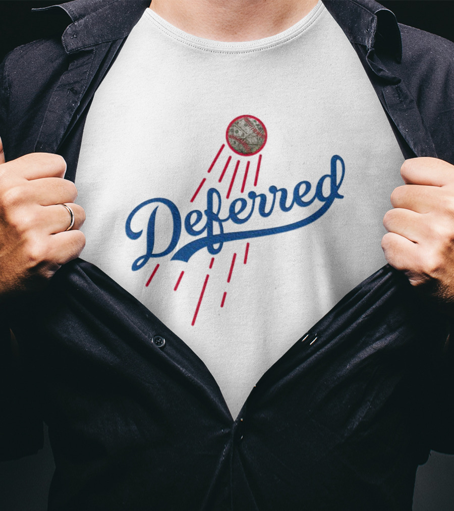 Los Angeles Dodgers Deferred Blue Script With Baseball And Red Streaks T-Shirt