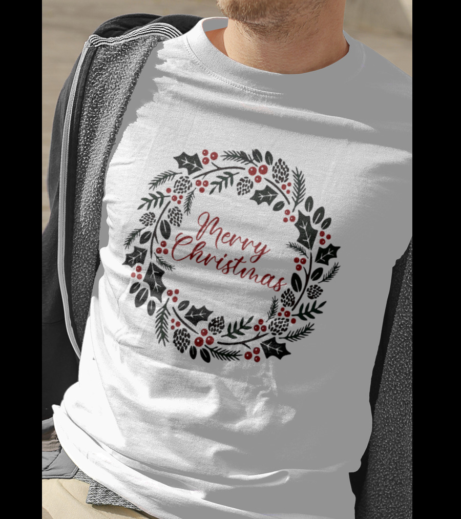 Merry Christmas Wreath With Pinecones And Holly T-Shirt