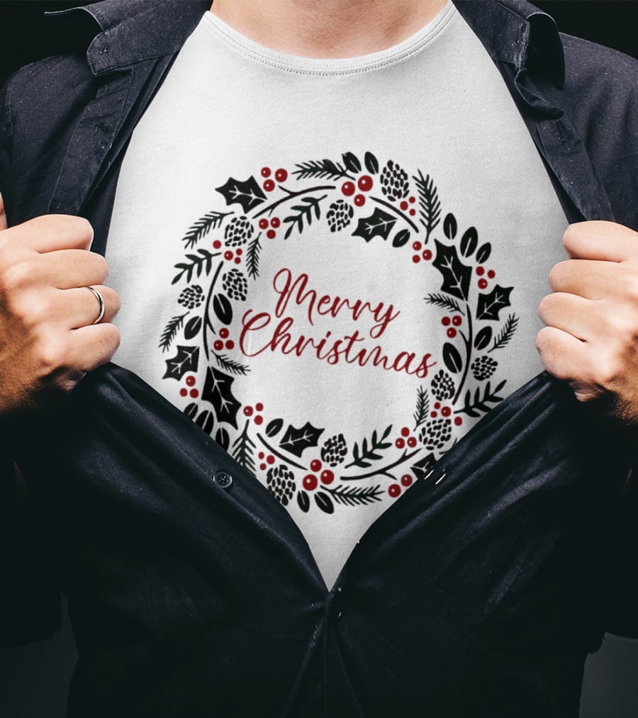 Merry Christmas Wreath With Pinecones And Holly T-Shirt
