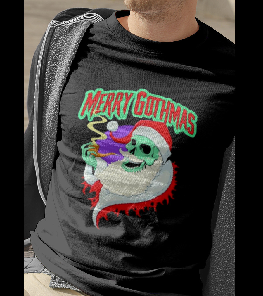 Merry Gothmas Skull Santa Smoking Holiday Greeting T-Shirt