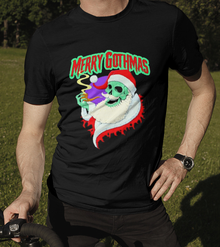 Merry Gothmas Skull Santa Smoking Holiday Greeting T-Shirt