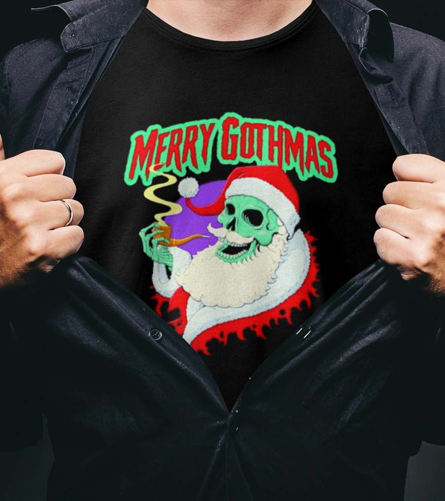 Merry Gothmas Skull Santa Smoking Holiday Greeting T-Shirt
