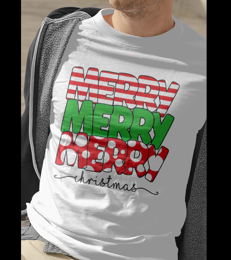 Merry Merry Merry Christmas Stripes And Polka Dots T-Shirt