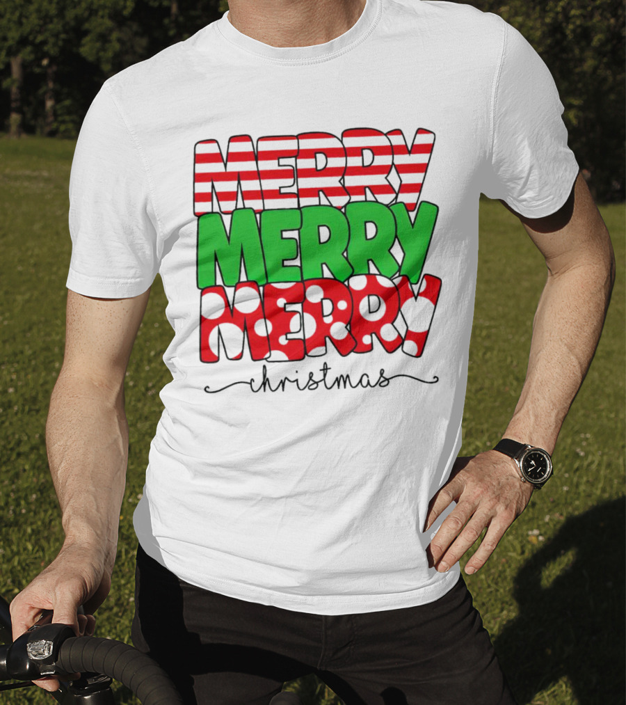 Merry Merry Merry Christmas Stripes And Polka Dots T-Shirt