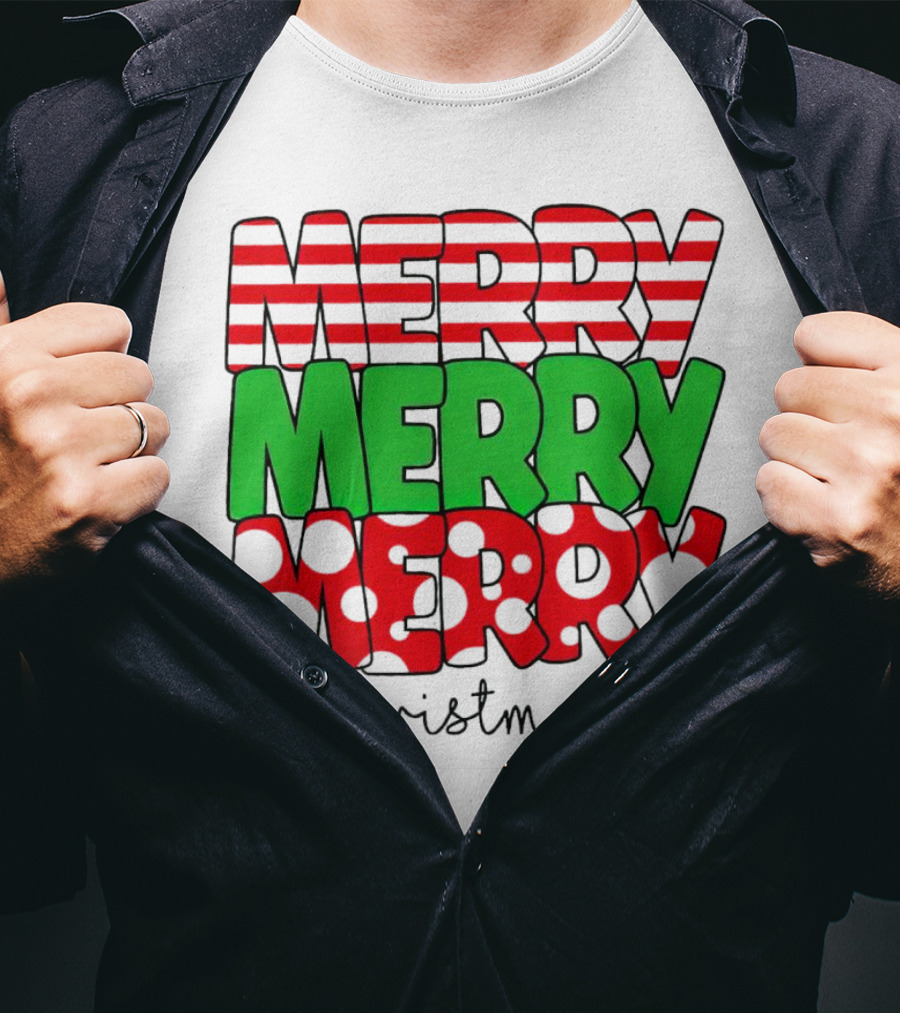 Merry Merry Merry Christmas Stripes And Polka Dots T-Shirt
