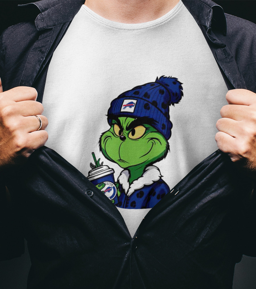 Grinch In Buffalo Bills Beanie Holding Logo Cup T-Shirt