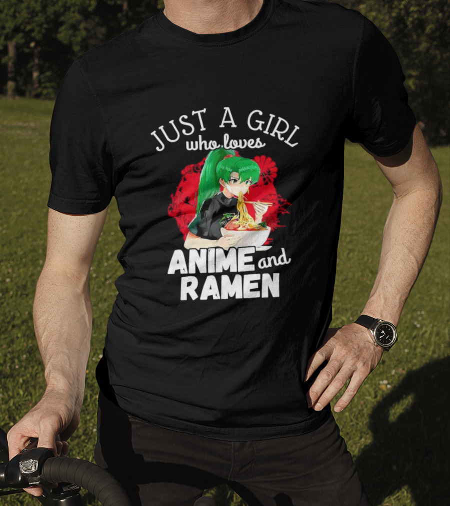 Just A Girl Who Loves Anime And Ramen Green-Haired Character Eating Noodles T-Shirt
