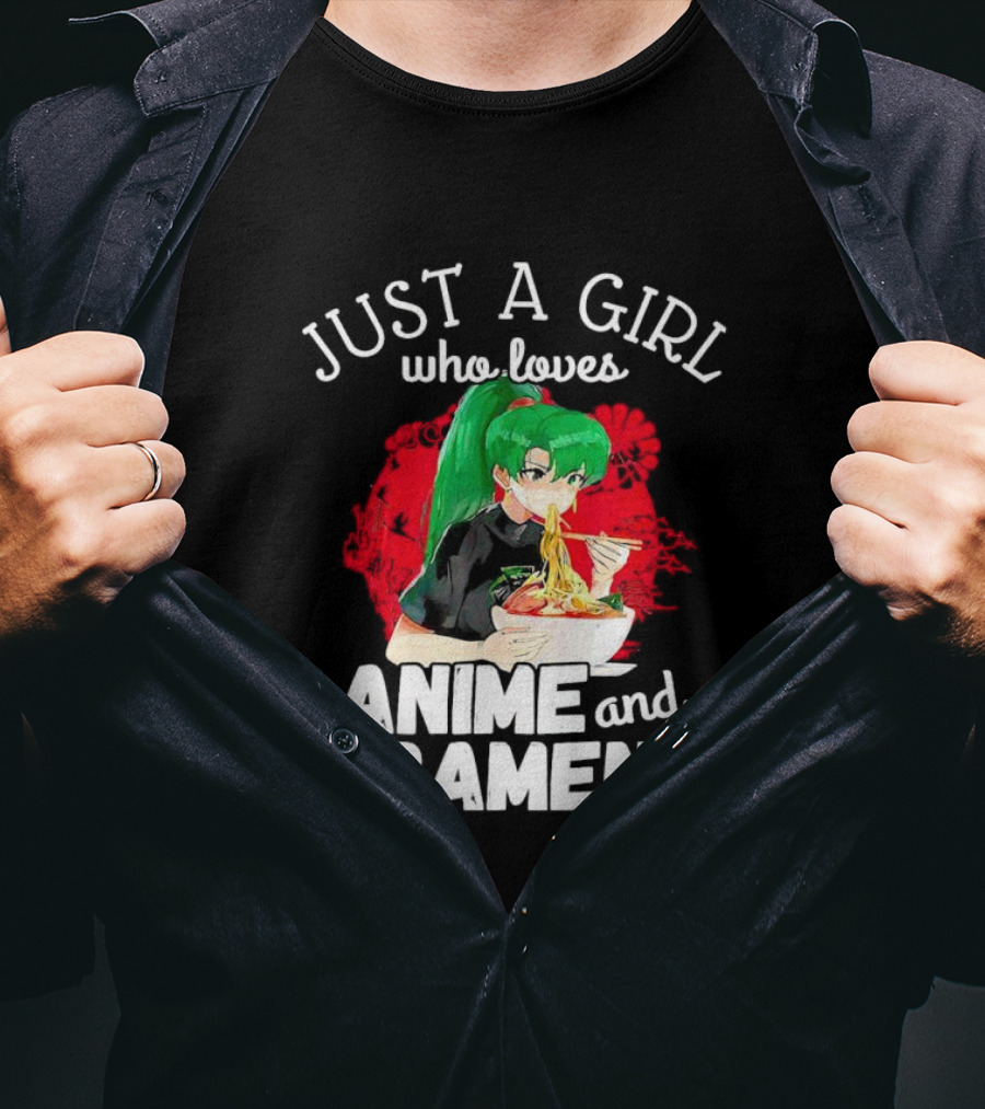Just A Girl Who Loves Anime And Ramen Green-Haired Character Eating Noodles T-Shirt