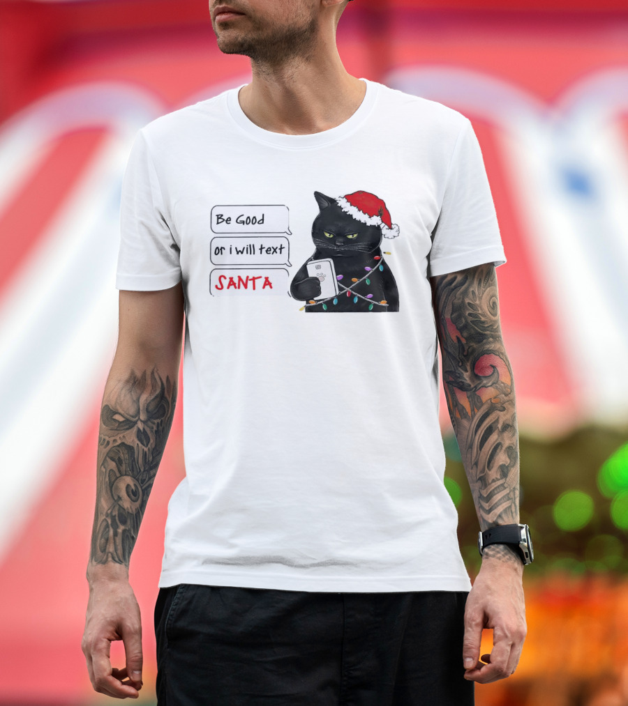 Black Cat Be Good or I Will Text Santa Christmas Lights Hat T-Shirt