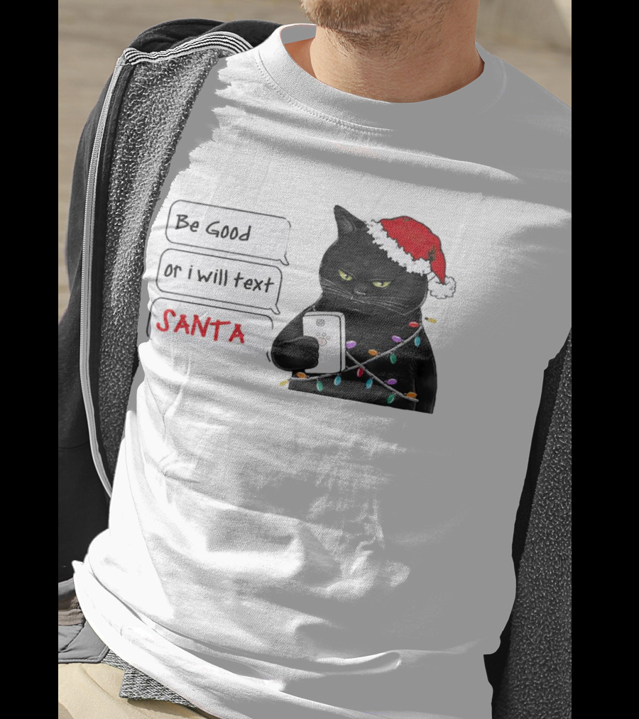 Black Cat Be Good Or I Will Text Santa Christmas Lights Hat T-Shirt
