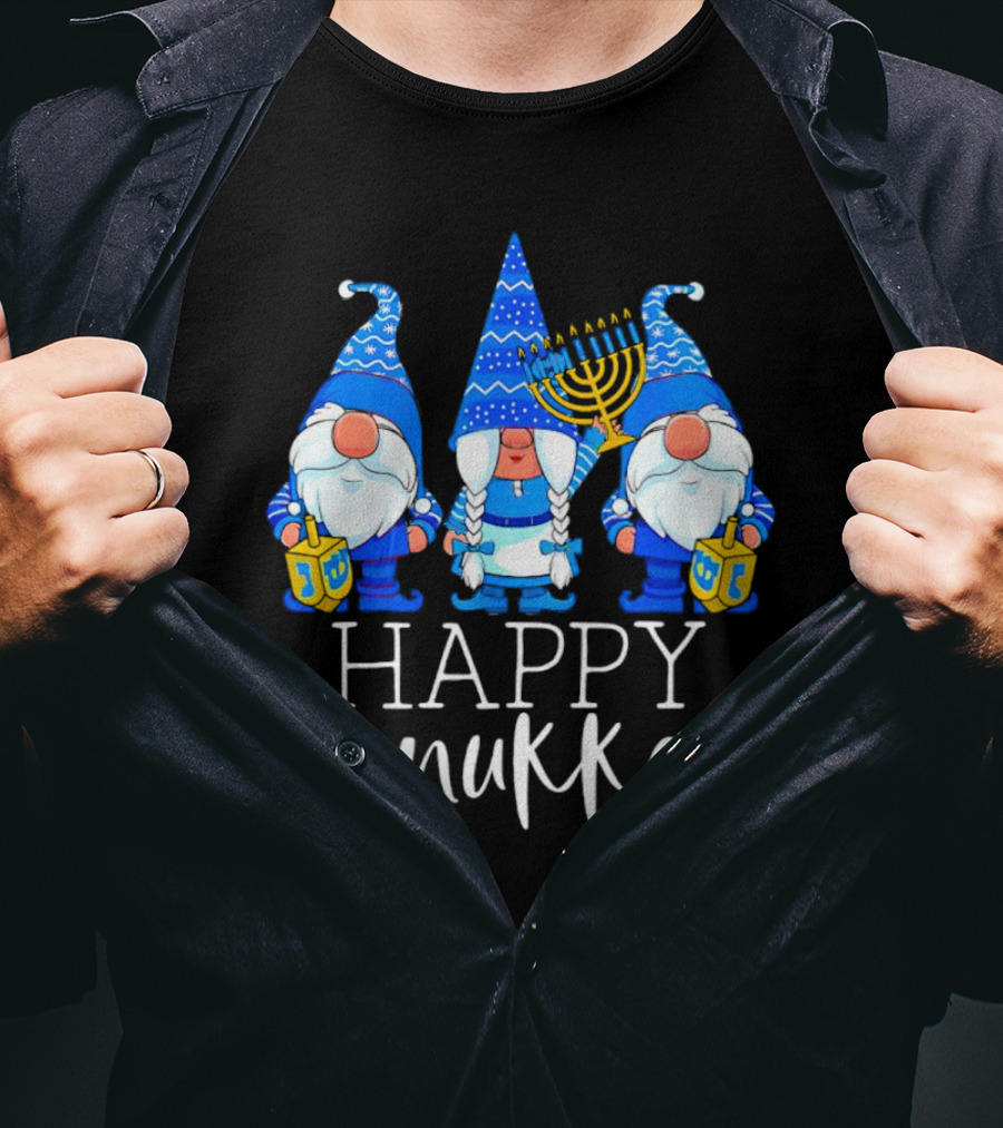 Gnomes Celebrating Hanukkah With Menorah And Dreidel T-Shirt