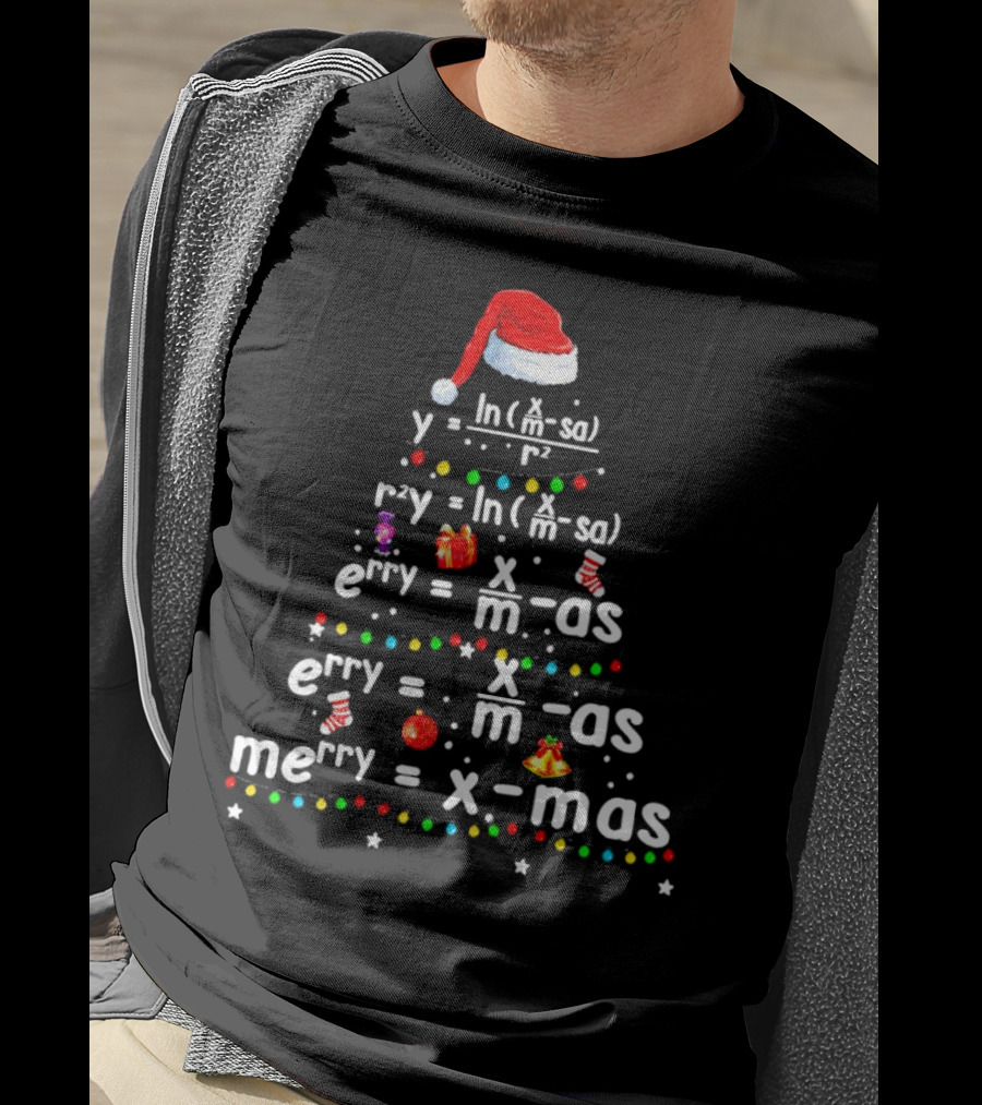 Merry Christmas Tree Math Equations In Santa Hat Form With Holiday Icons T-Shirt