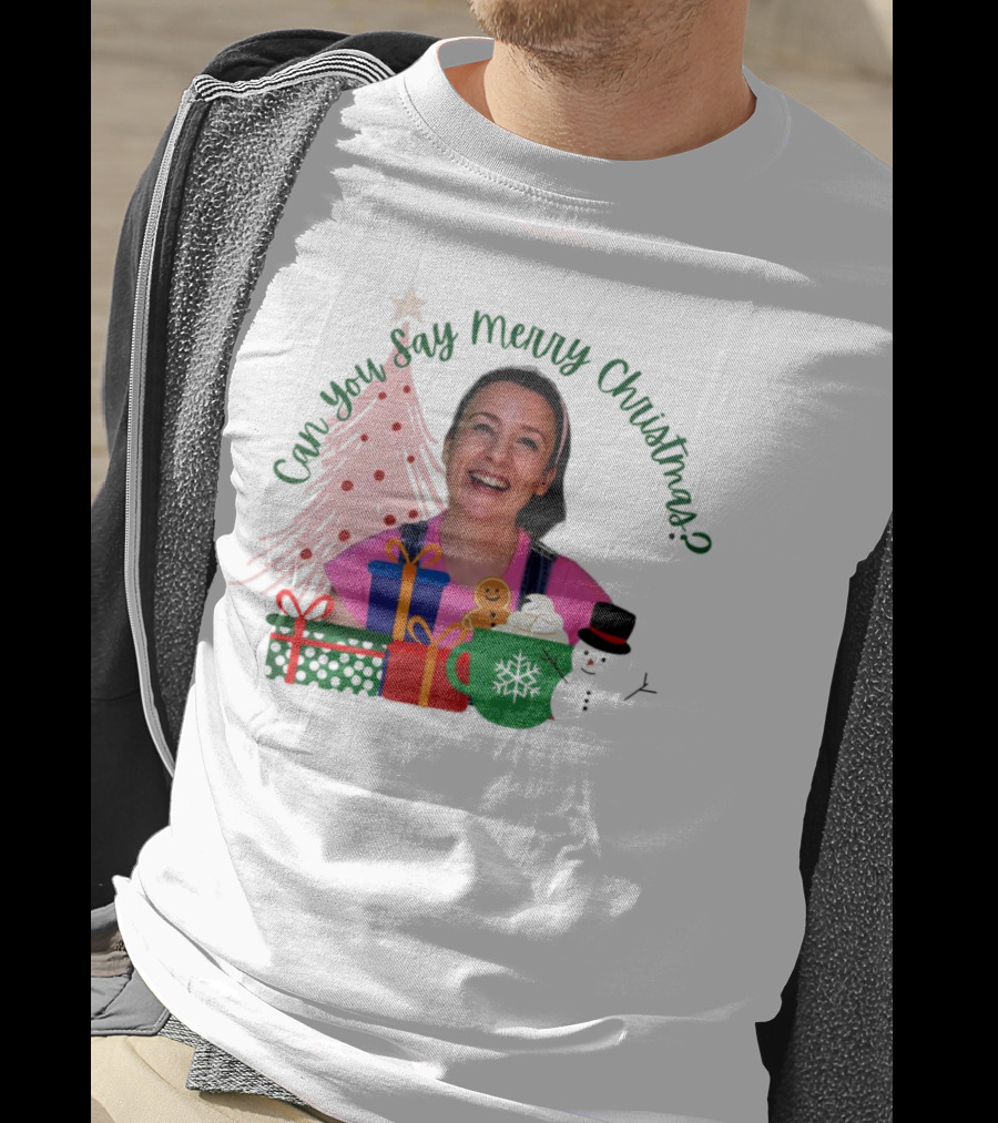 Miss Rachel Can You Say Merry Christmas Joyful Scene With Tree And Gifts T-Shirt