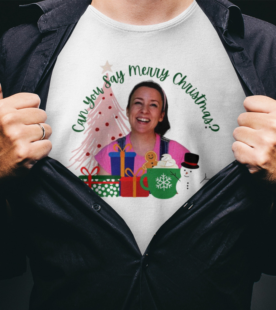 Miss Rachel Can You Say Merry Christmas Joyful Scene With Tree And Gifts T-Shirt