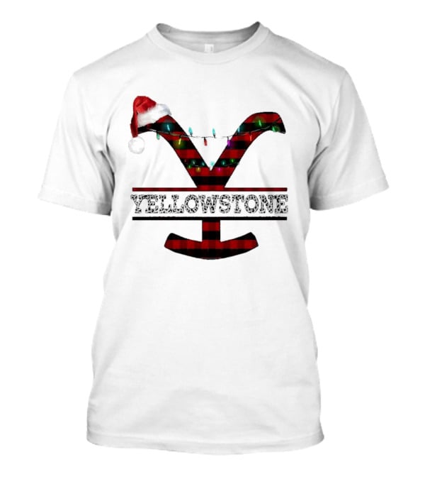 Yellowstone Christmas Santa Hat Lights Buffalo Plaid T-Shirt