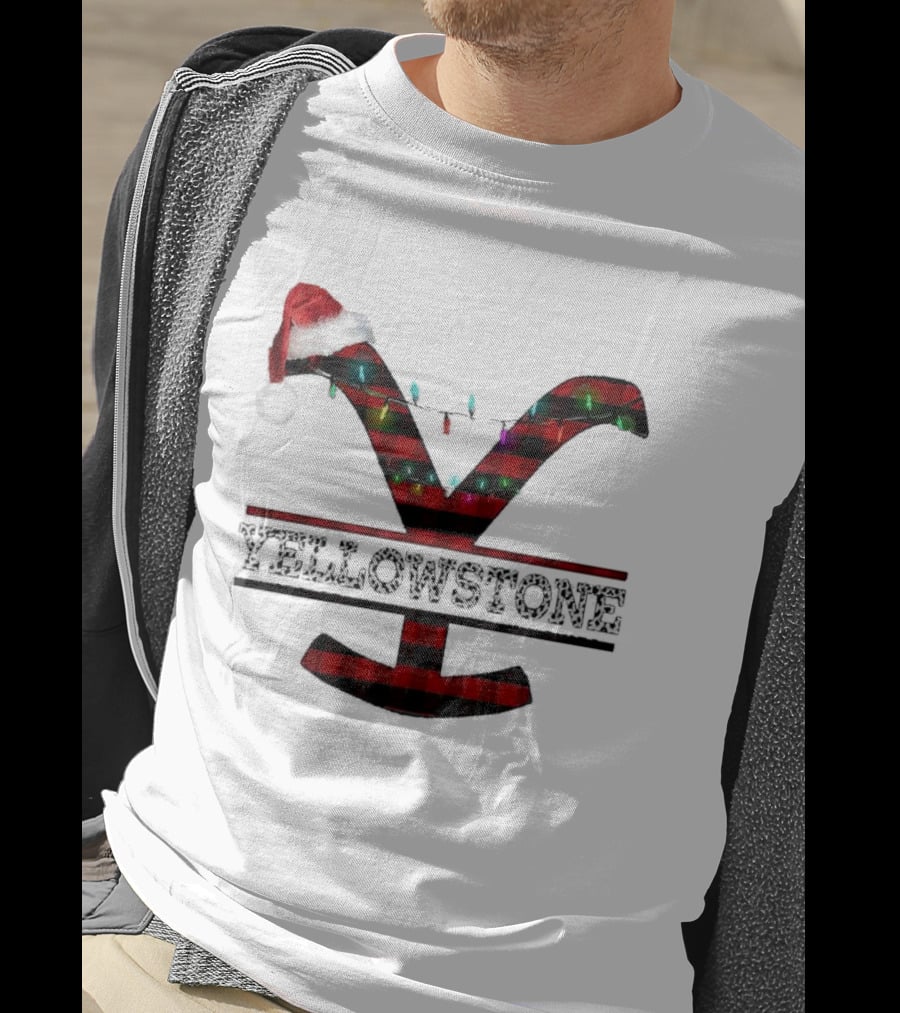 Yellowstone Christmas Santa Hat Lights Buffalo Plaid T-Shirt