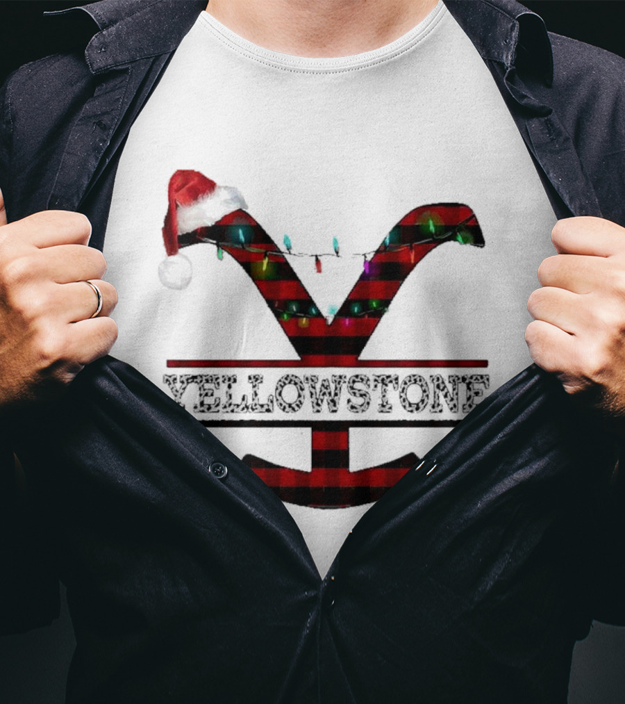 Yellowstone Christmas Santa Hat Lights Buffalo Plaid T-Shirt