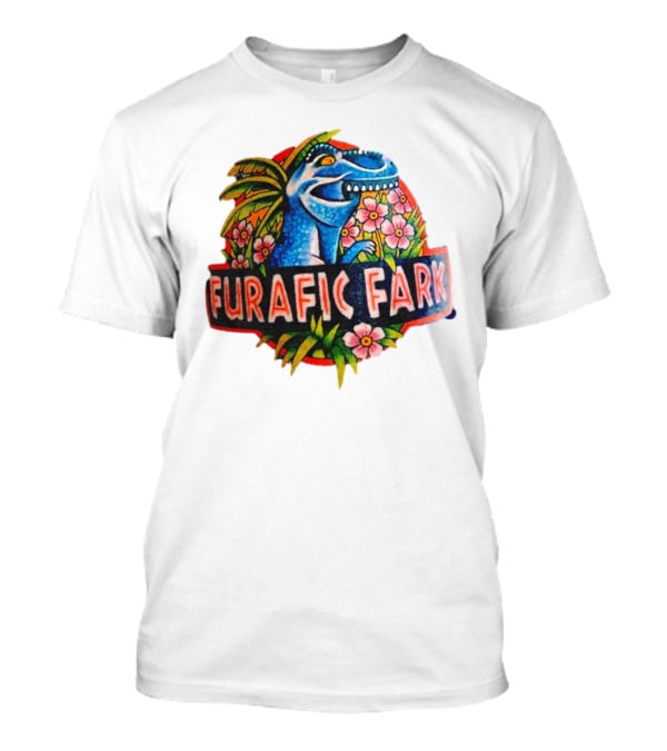 Furafic Fark Dinosaur With Tropical Flowers And Palm Leaves T-Shirt