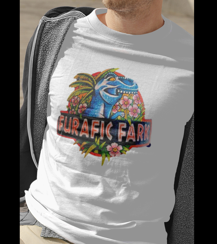 Furafic Fark Dinosaur With Tropical Flowers And Palm Leaves T-Shirt