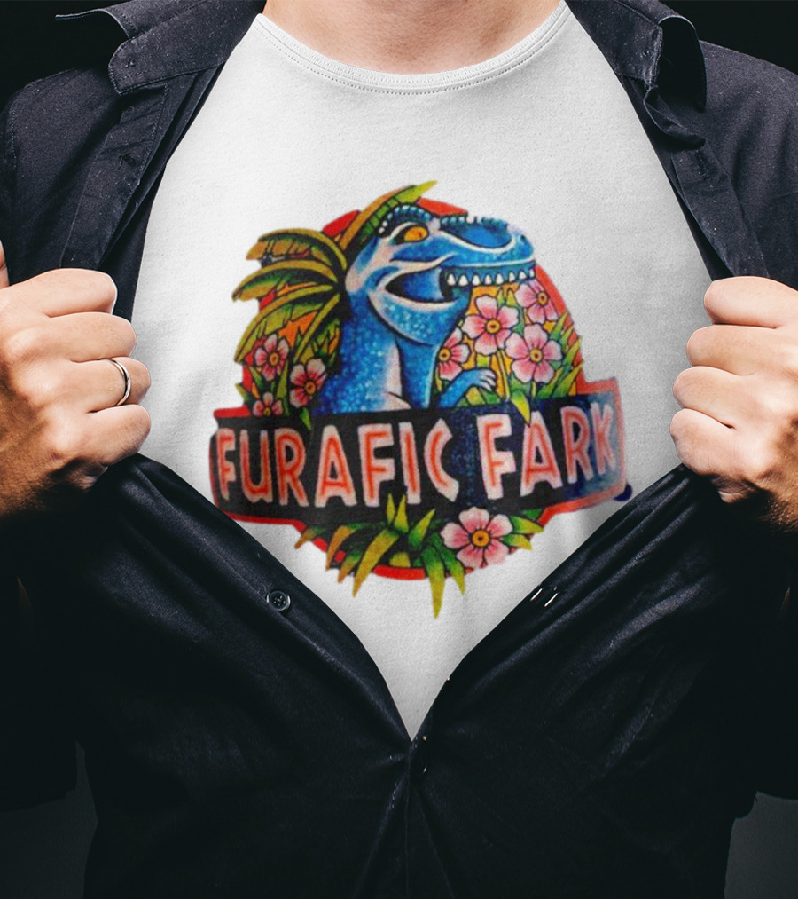 Furafic Fark Dinosaur With Tropical Flowers And Palm Leaves T-Shirt