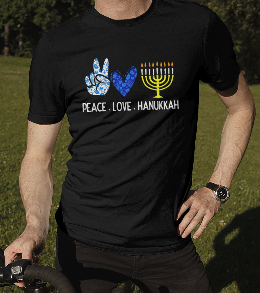 Peace Love Hanukkah Menorah Symbol Blue T-Shirt