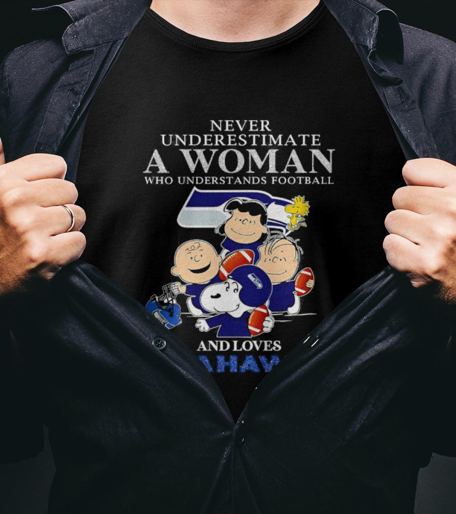Never Underestimate A Woman Who Understands Football And Loves Seahawks With Peanuts Characters T-Shirt