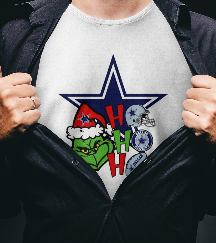 Santa Grinch Ho Ho Ho Dallas Cowboys Christmas Star Helmet T-Shirt