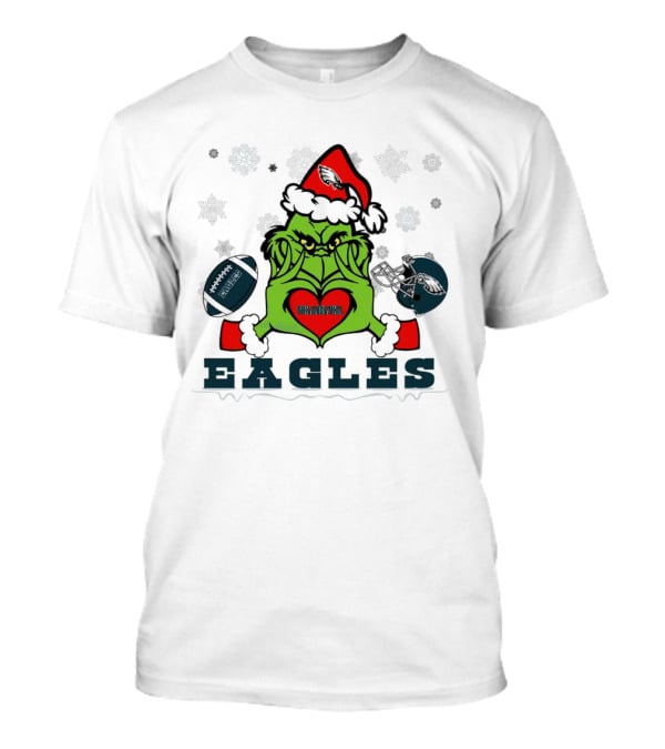 Grinch Santa Heart Philadelphia Eagles Christmas Football Helmet T-Shirt
