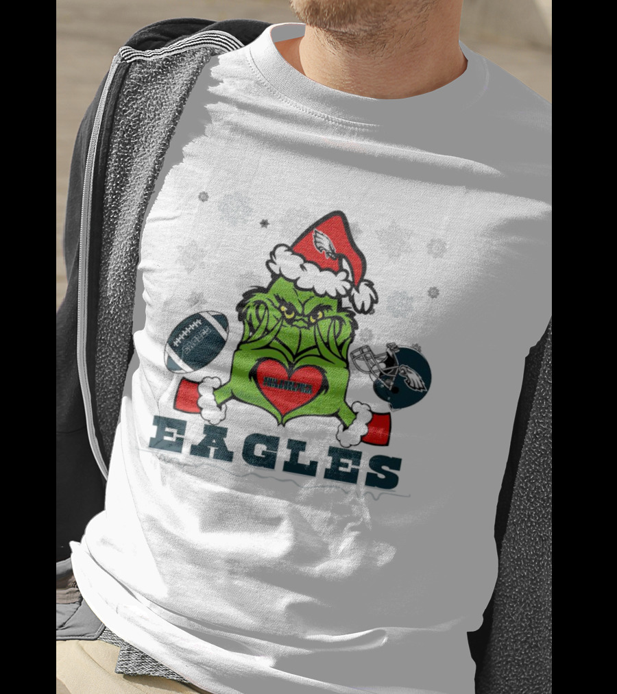 Grinch Santa Heart Philadelphia Eagles Christmas Football Helmet T-Shirt