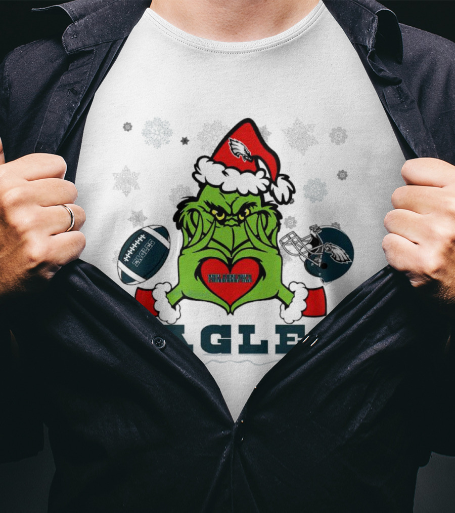 Grinch Santa Heart Philadelphia Eagles Christmas Football Helmet T-Shirt
