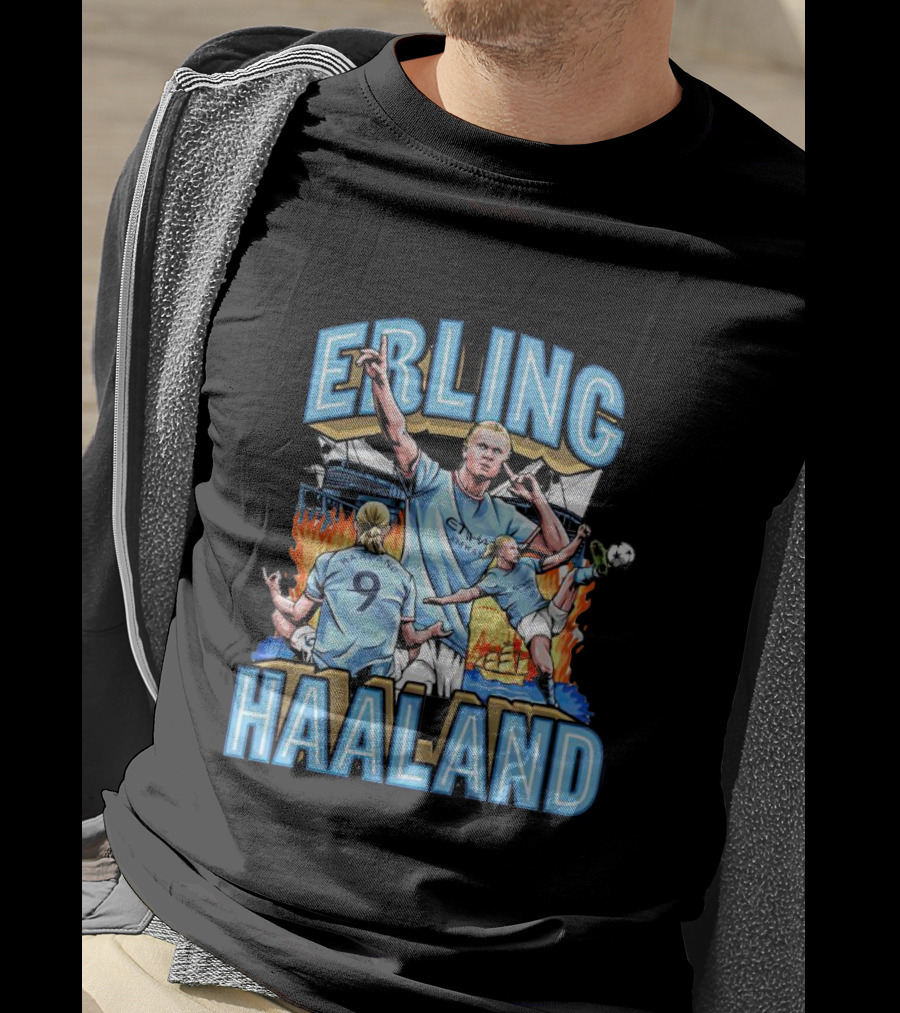 Erling Haaland MCFC Soccer Collage With Fiery Stadium Background T-Shirt