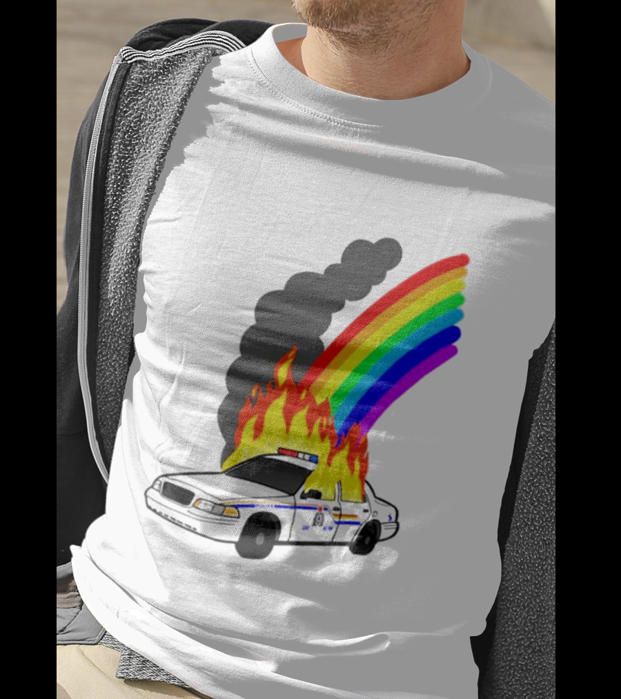 Police Car On Fire With Rainbow Flames T-Shirt