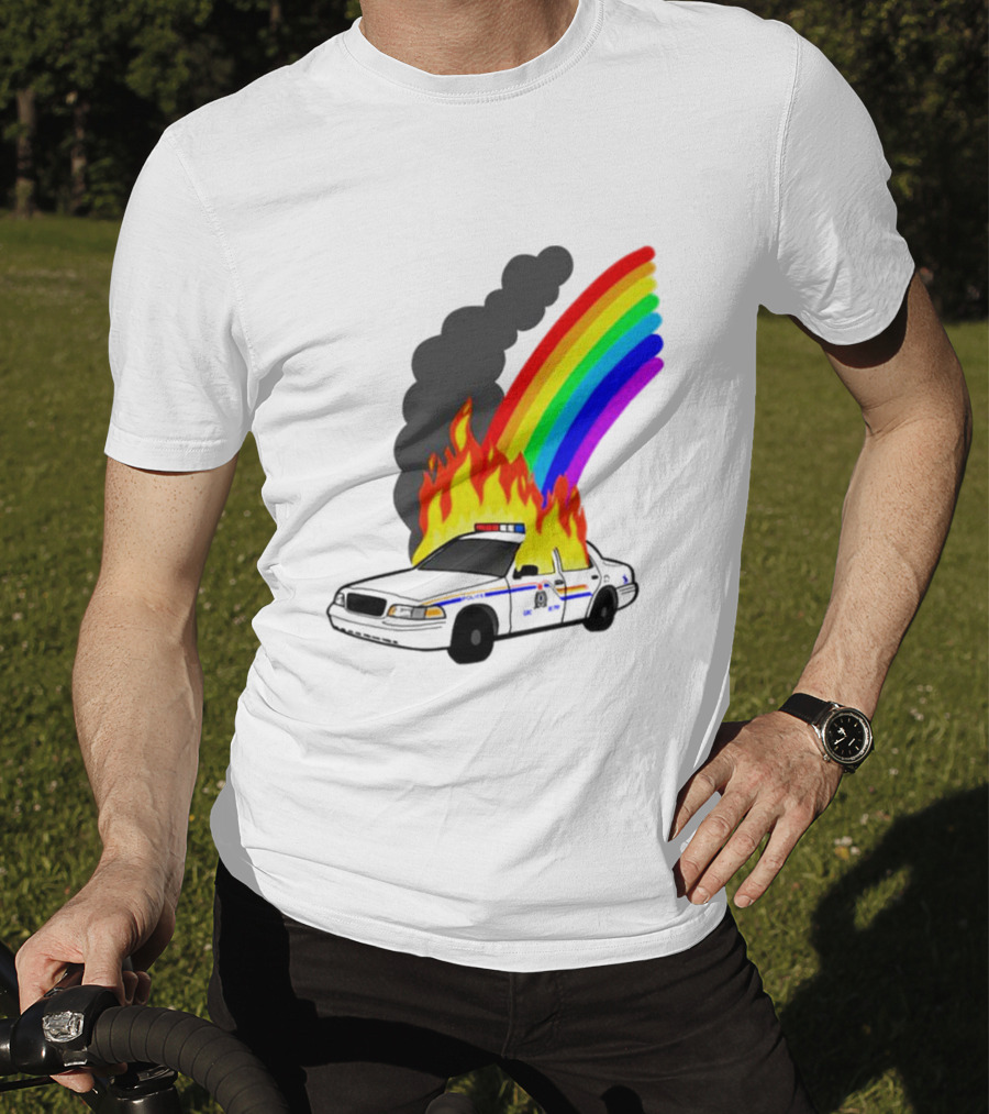 Police Car On Fire With Rainbow Flames T-Shirt