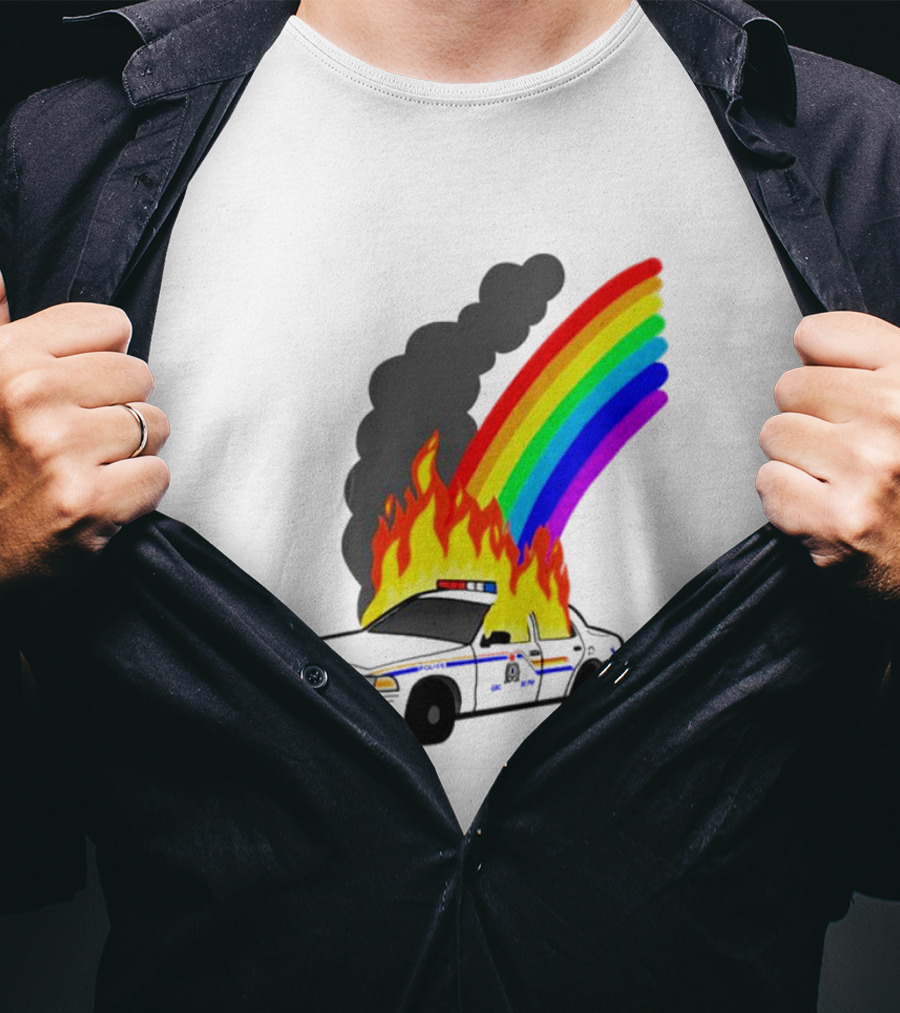 Police Car On Fire With Rainbow Flames T-Shirt