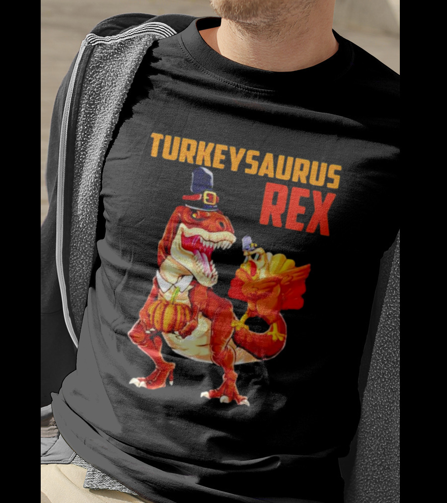 Turkeysaurus Rex Thanksgiving Dinosaur Holding Pumpkin And Turkey With Pilgrim Hat T-Shirt