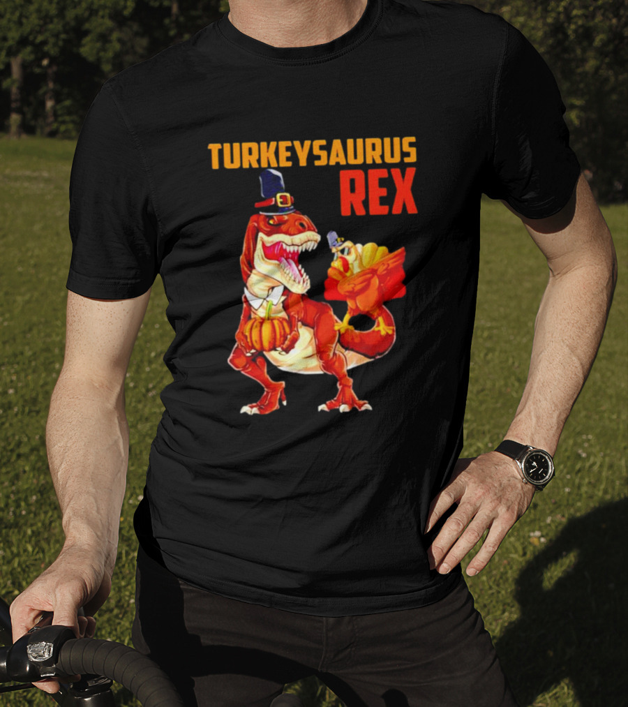 Turkeysaurus Rex Thanksgiving Dinosaur Holding Pumpkin And Turkey With Pilgrim Hat T-Shirt
