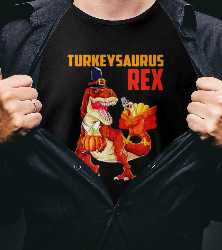 Turkeysaurus Rex Thanksgiving Dinosaur Holding Pumpkin And Turkey With Pilgrim Hat T-Shirt