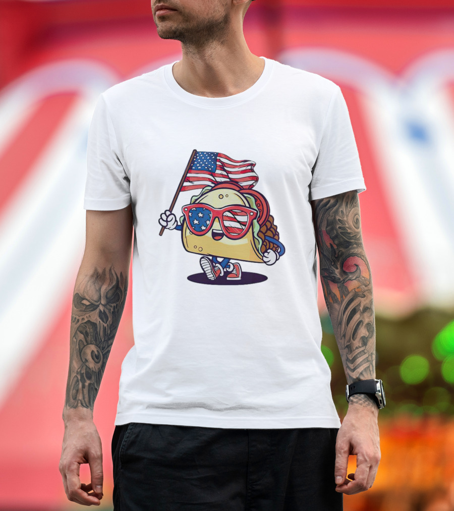 Taco American Flag 4th of July Celebration with Sunglasses and Sneakers T-Shirt