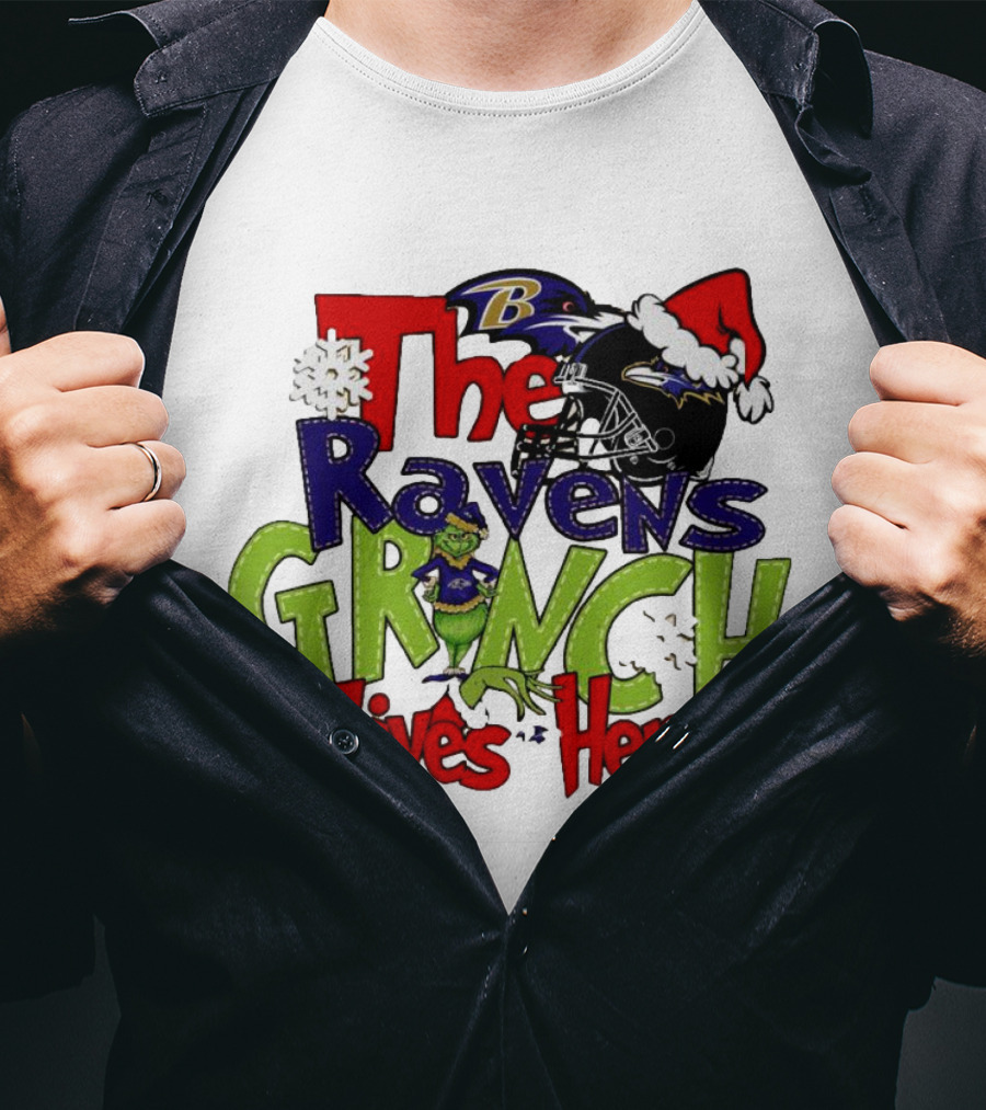 The Ravens Grinch Lives Here Christmas Ravens Logo Santa Hat T-Shirt