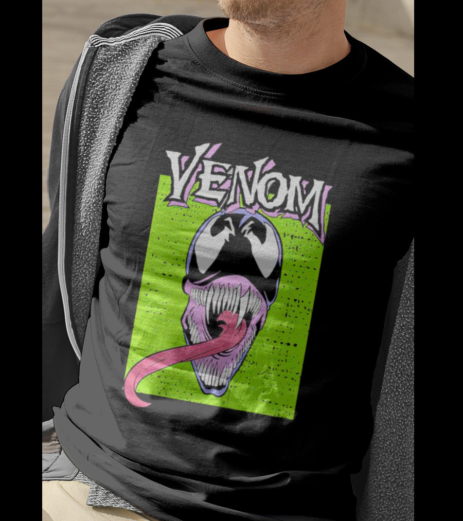 Venom Marvel Neon Pink Tongue Green Background T-Shirt